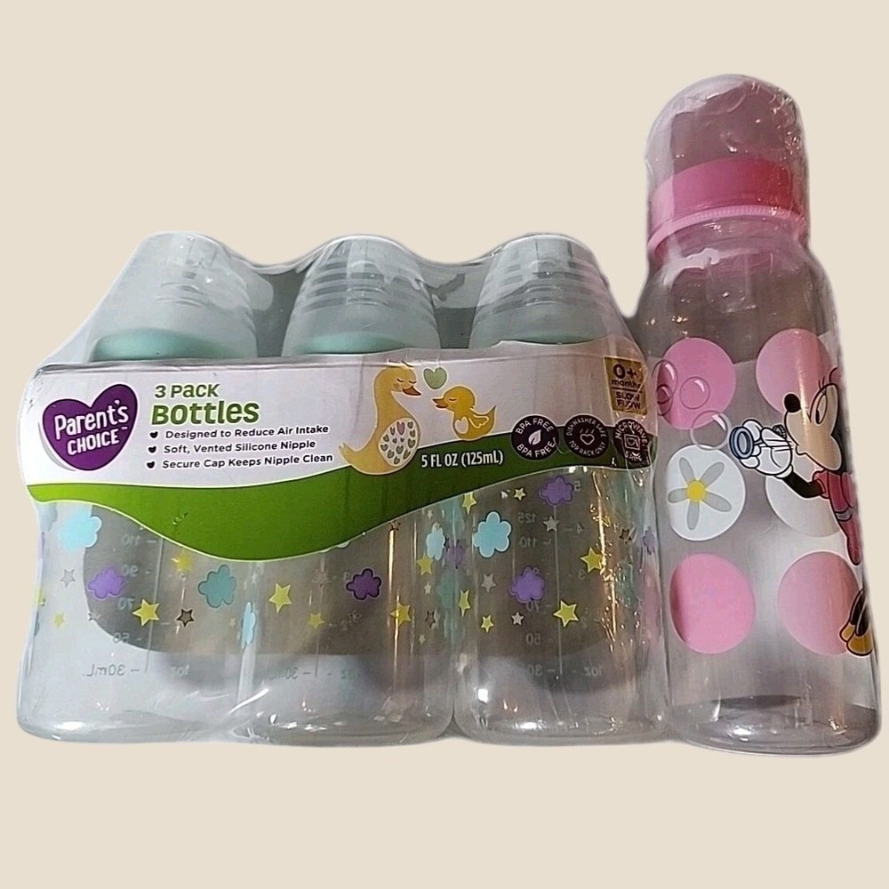 Lot 4 Baby Bottles Parents Choice 3-Pk 5oz-Slow Flow Reduce Air Intake +Minnie